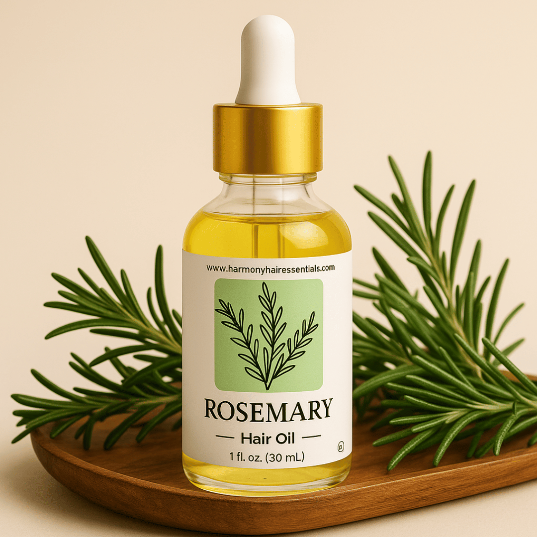 Harmony Hair Essentials Rosemary Hair Oil bottle placed on a wooden surface with fresh rosemary leaves