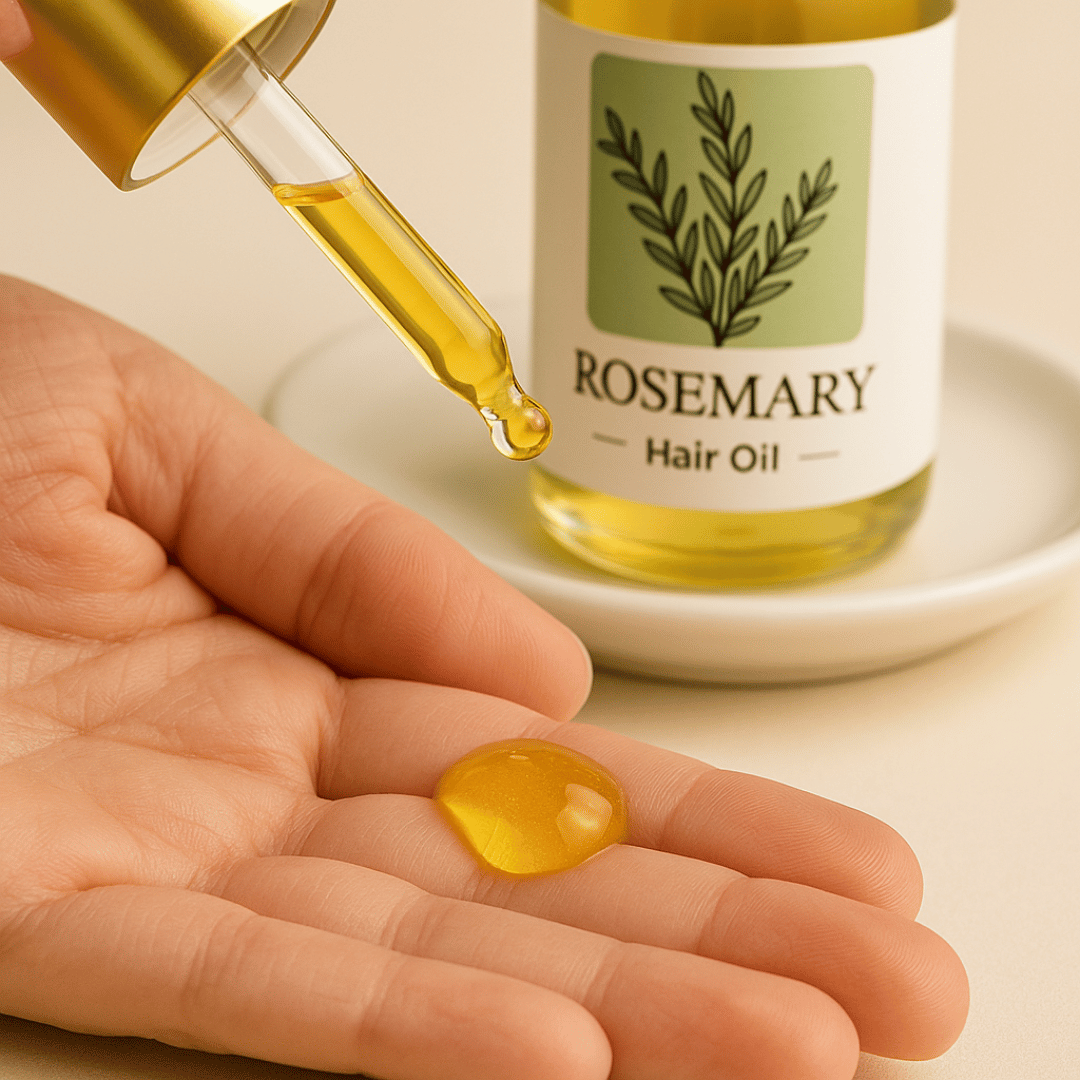 Close-up of lightweight golden Rosemary Hair Oil drop on a ceramic plate