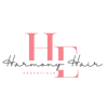 Logo of Harmony Hair Essentials with pink and black text on a white background