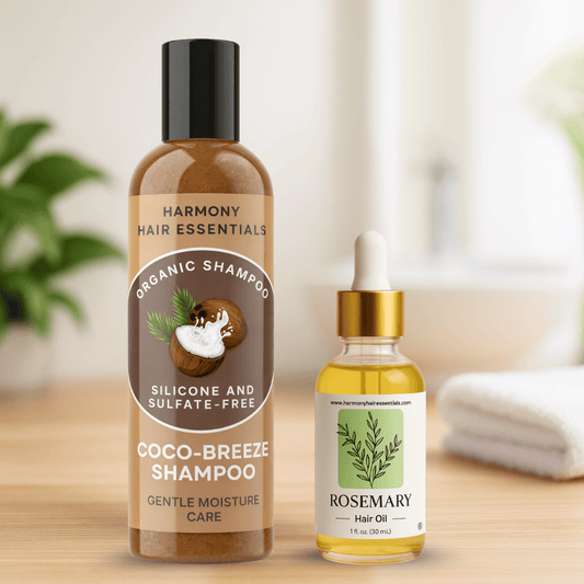 Harmony Hair Essentials shampoo bottle and rosemary hair oil dropper on a wooden surface.