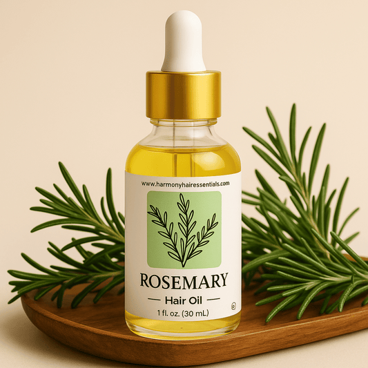 Harmony Hair Essentials Rosemary Hair Oil bottle placed on a wooden surface with fresh rosemary leaves