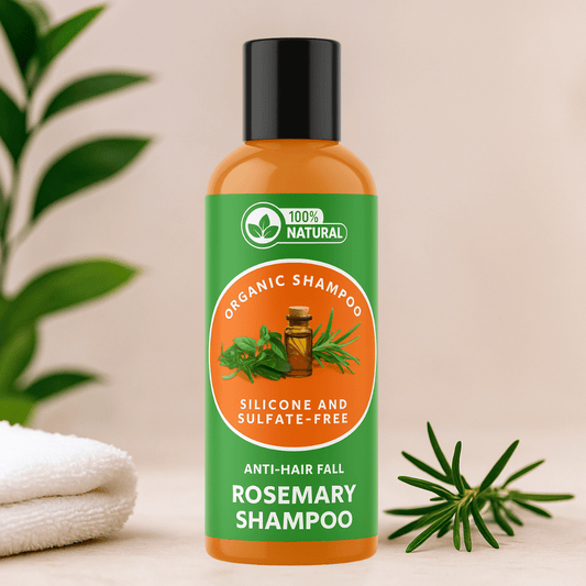 Bottle of organic rosemary shampoo with green label on a neutral background